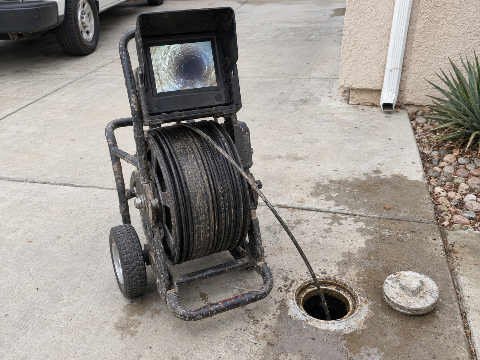 Sewer camera reel and monitor on a driveway beside an open cleanout