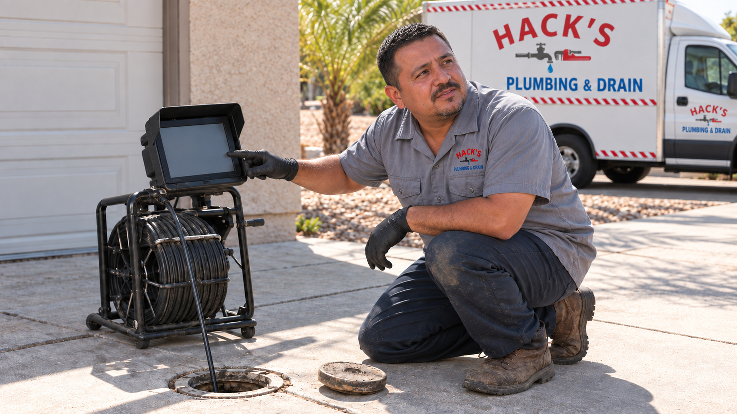 A technician kneeling at a cleanout on a driveway, pointing at a sewer camera monitor