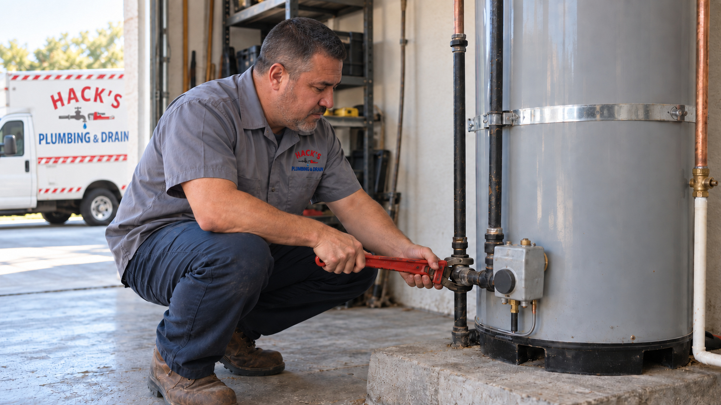 A technician crouched at a tank water heater in a garage, wrench on the gas union