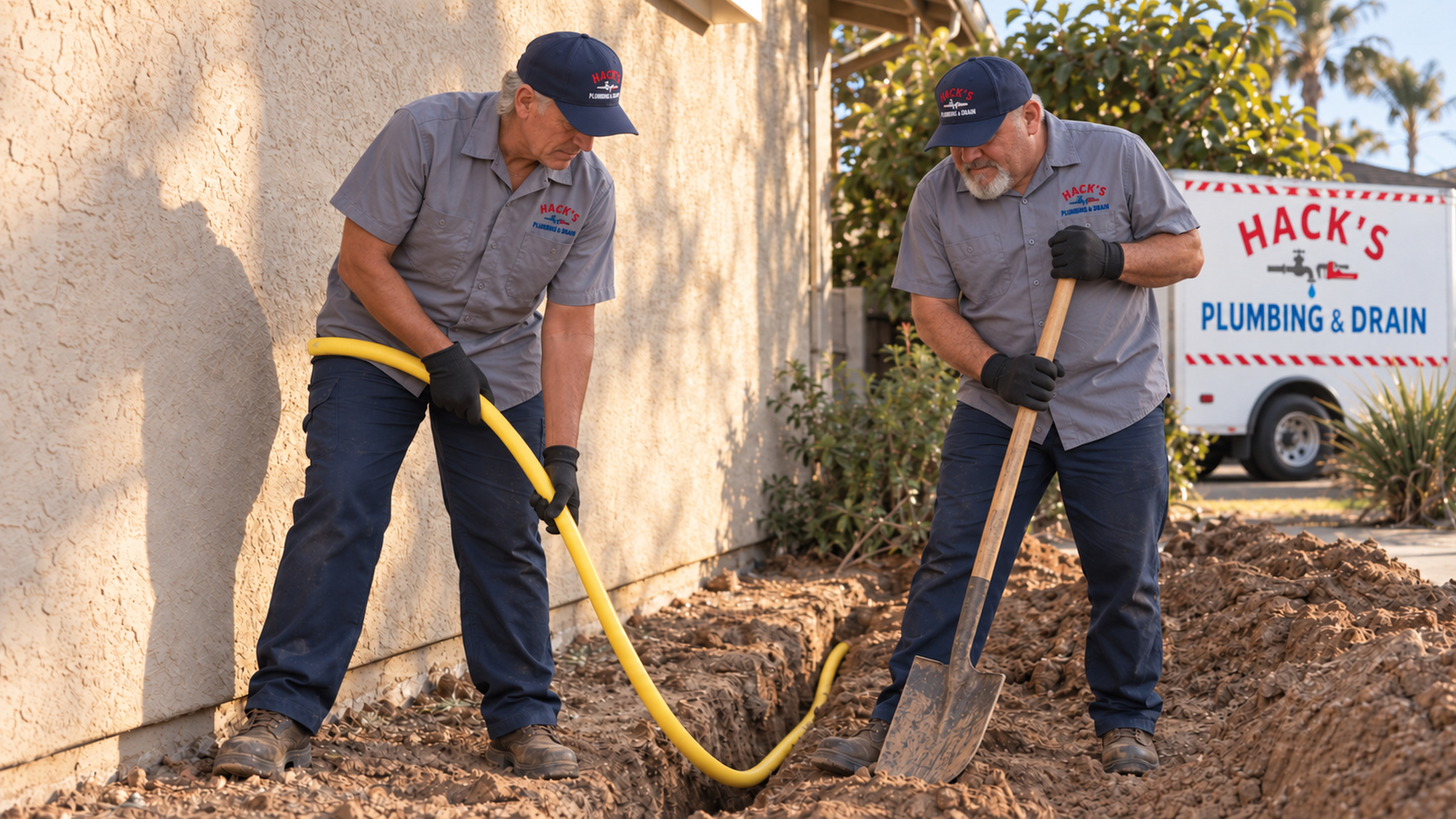 Two technicians at a shallow trench along a stucco wall, one holding a yellow gas line and one with a shovel