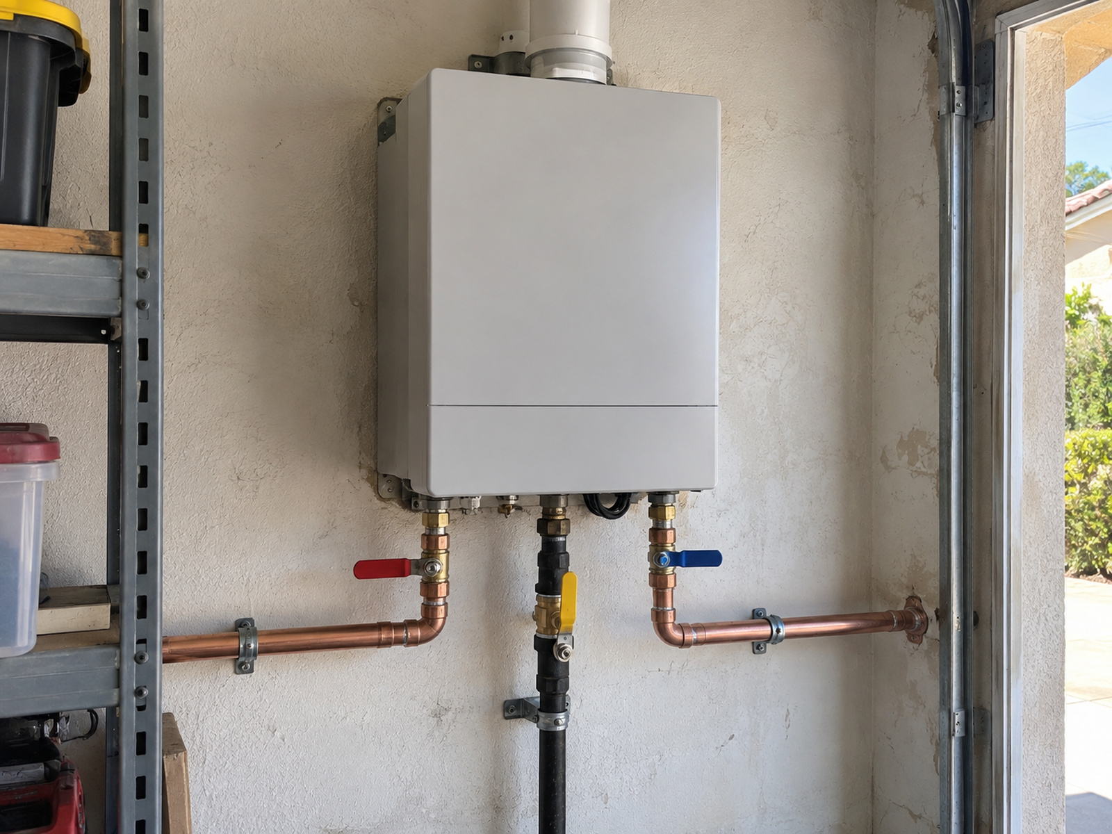 Wall-hung tankless water heater in a garage with new copper and gas lines