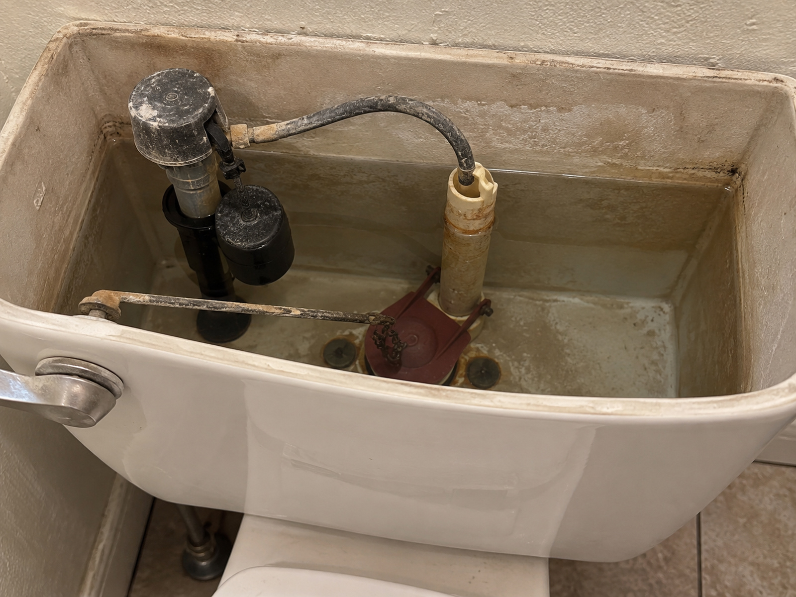 Inside an open toilet tank: flapper, fill valve and the water line