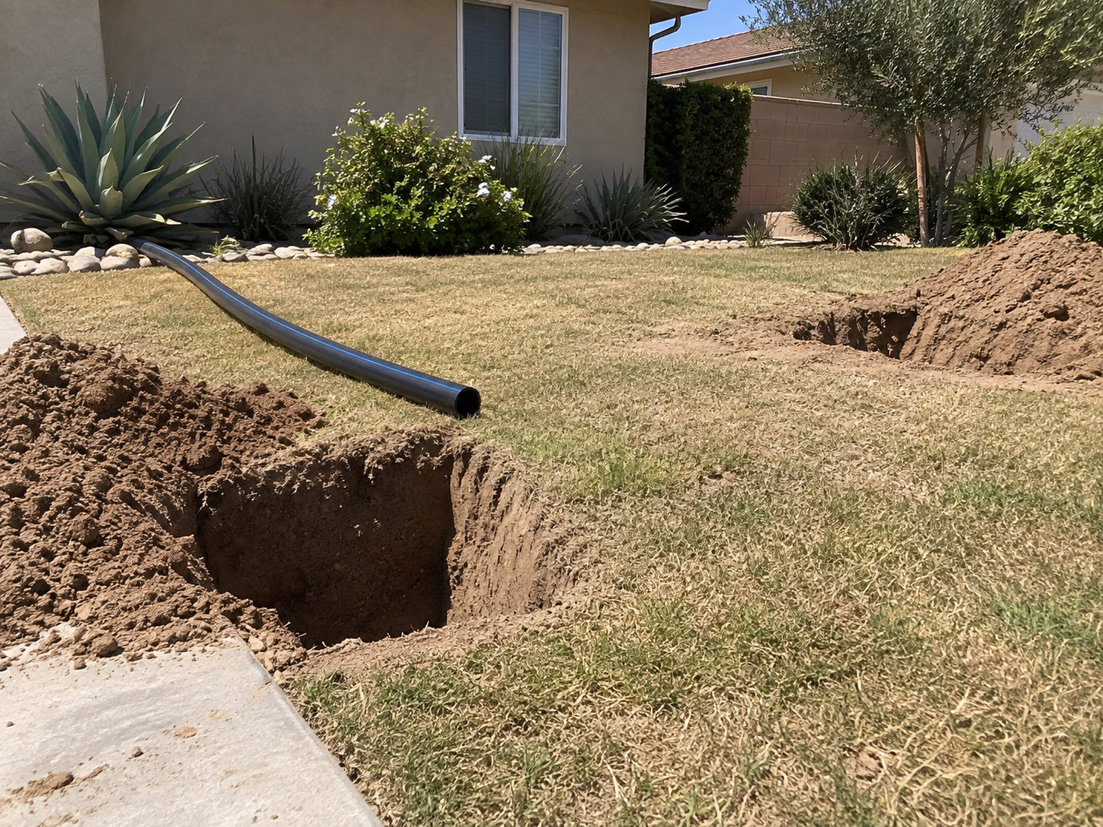 Two small pits at either end of a lawn with new HDPE pipe laid out, the grass intact between them