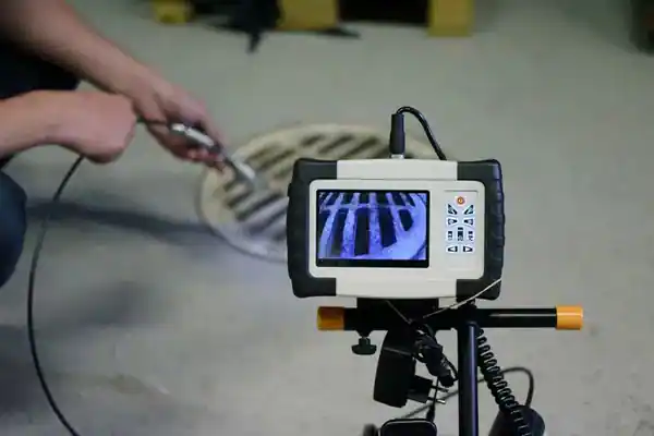 Drain inspection camera on a tripod showing the inside of a pipe on its screen