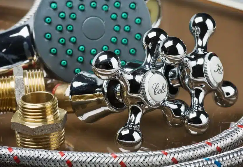 Chrome cross-handle valve, shower head and braided supply hoses