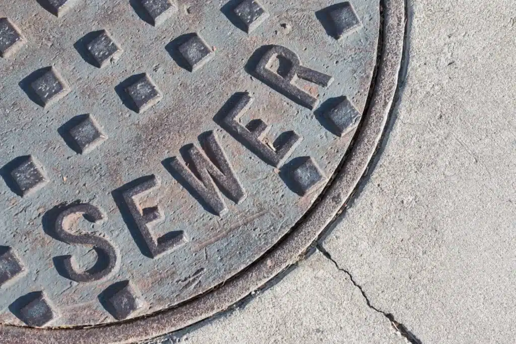 Cast iron sewer cover set in cracked concrete