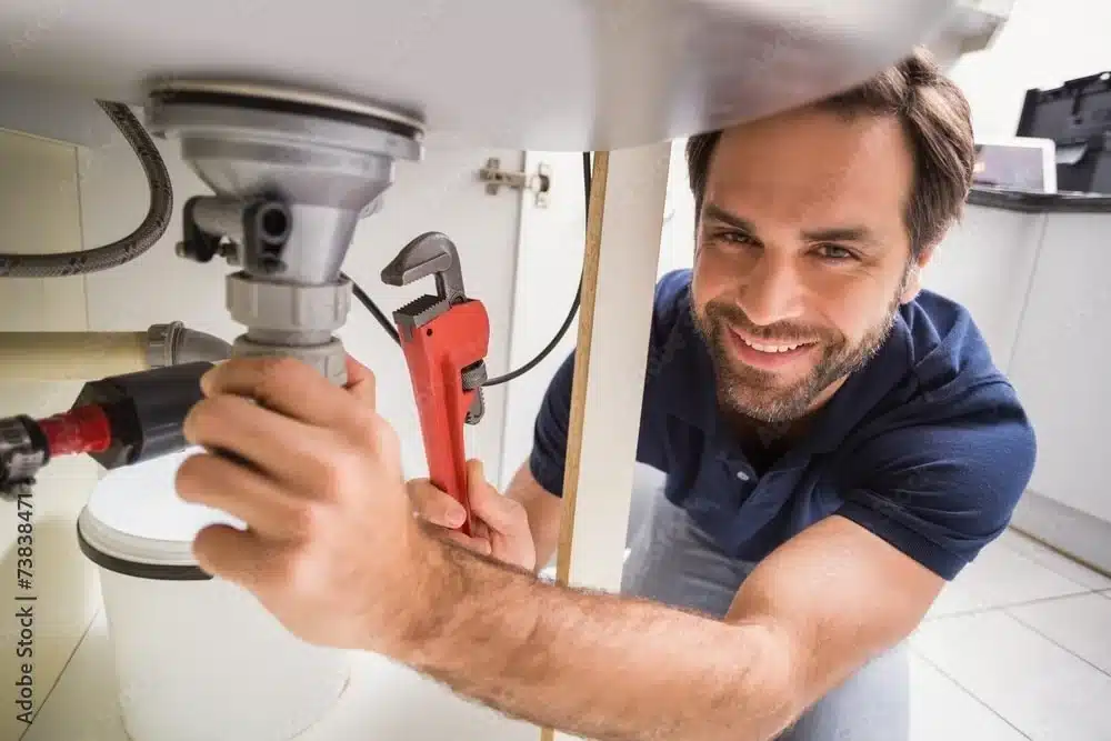 Smiling plumber with a pipe wrench working under a sink