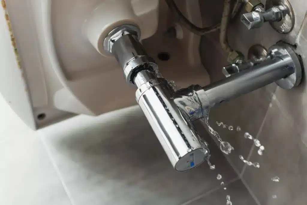Water dripping from a chrome trap under a sink