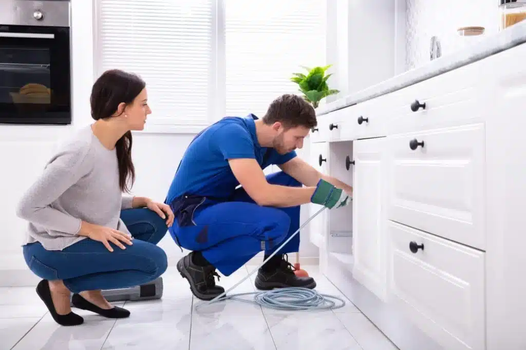 Plumber running a drain cable under a kitchen sink while the homeowner watches