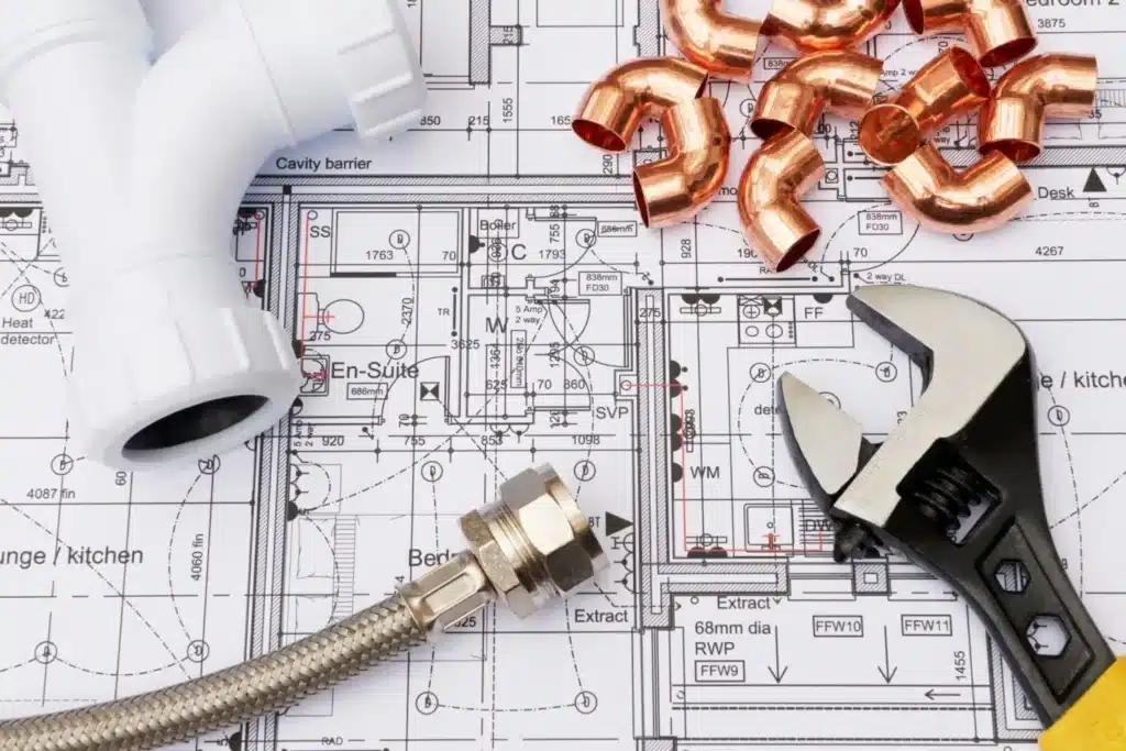 Pipe fittings, copper elbows and an adjustable wrench on top of a building plan