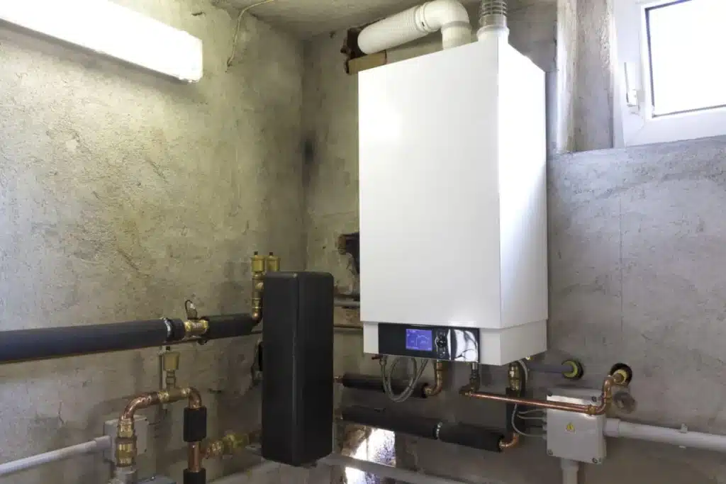 Wall-mounted tankless water heater with its piping in a utility room