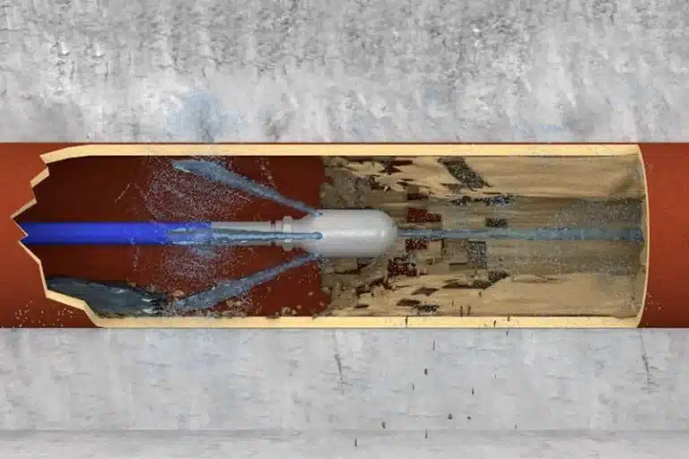 Cutaway illustration of a hydro jetting nozzle spraying water inside a blocked pipe