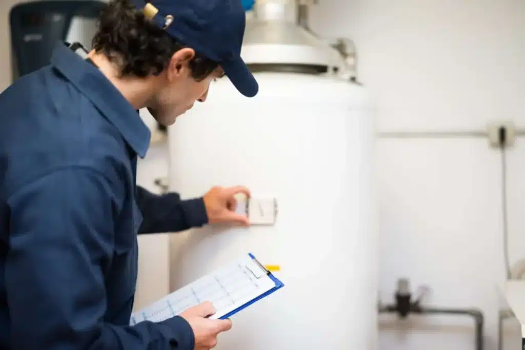 Technician with a clipboard checking the controls on a water heater