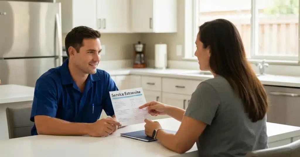 Plumbing technician reviewing repair costs with customer at home