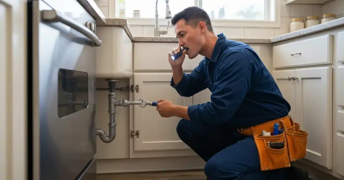 Plumber repairing kitchen sink pipes under cabinet