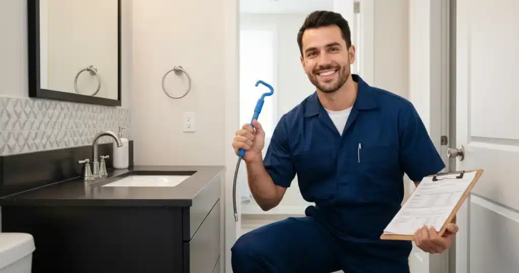 Plumber holding drain snake tool and estimate for unclogging drain in bathroom