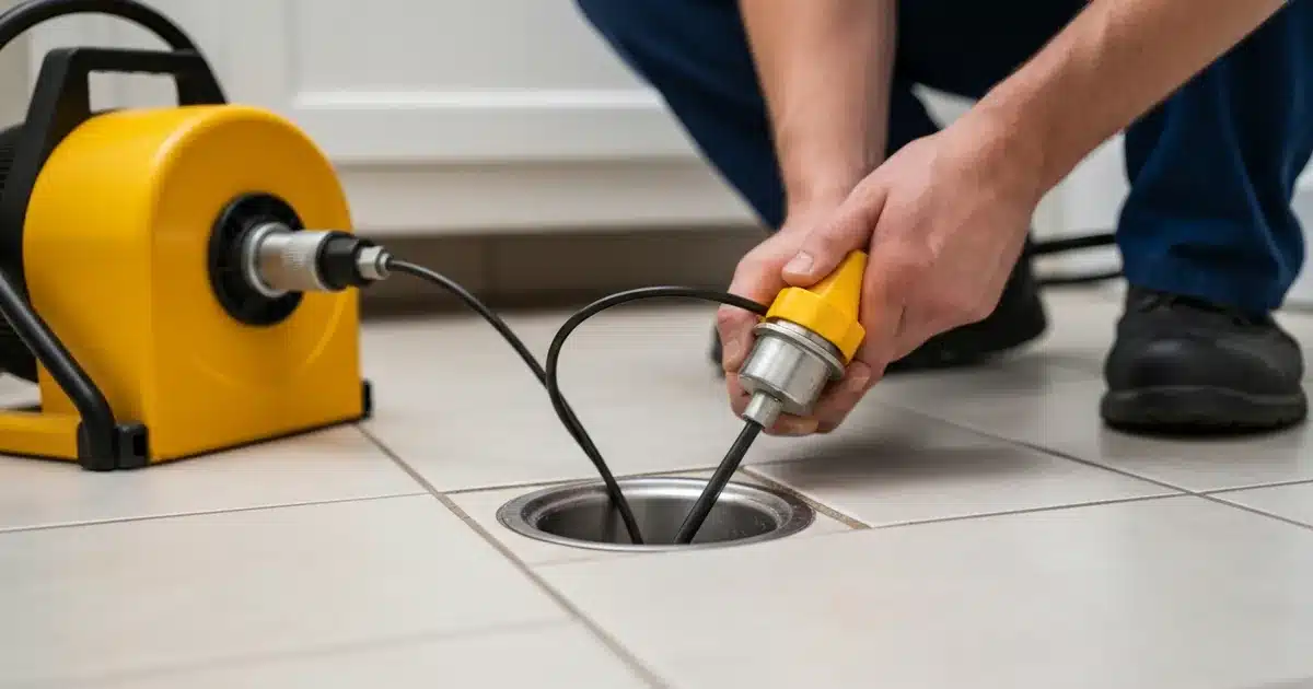 Plumber using drain snake machine to unclog floor drain