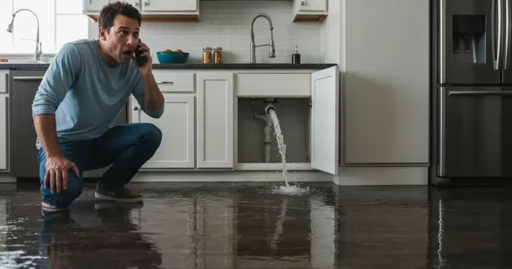 Burst pipe under sink flooding kitchen floor emergency situation