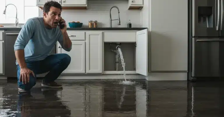 Burst pipe under sink flooding kitchen floor emergency situation
