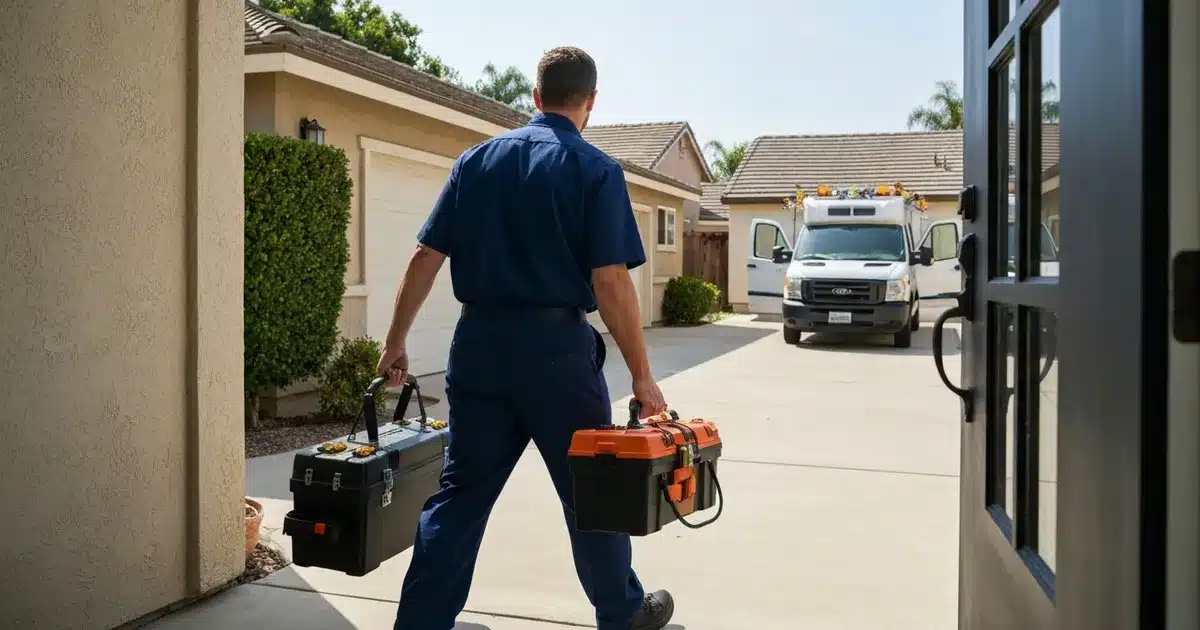 Emergency plumber arriving at home with tools for urgent repair