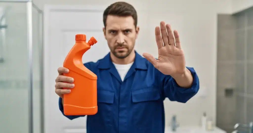 Technician cautioning homeowner about chemical drain cleaners