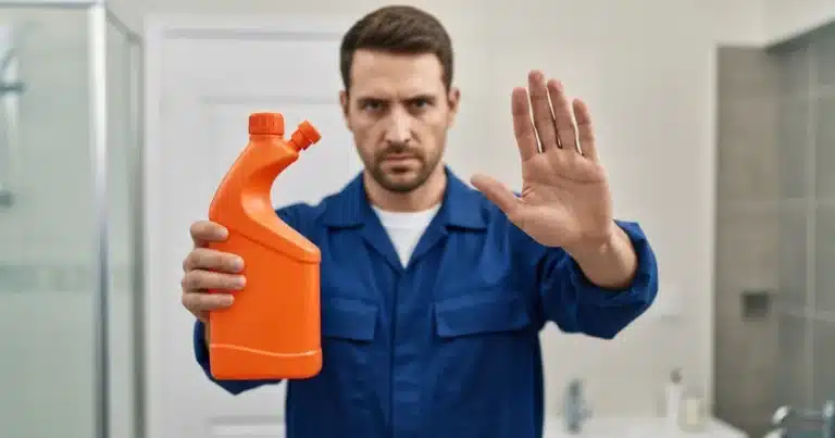 Technician cautioning homeowner about chemical drain cleaners