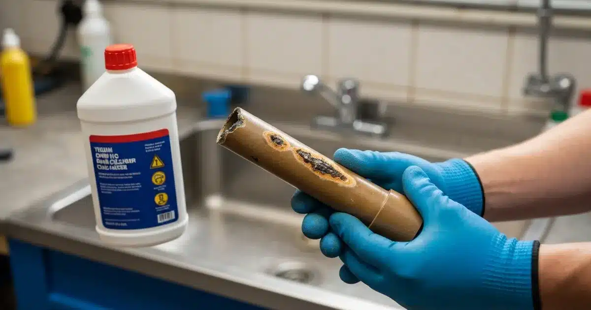 Corroded pipe damaged by chemical drain cleaner in kitchen sink