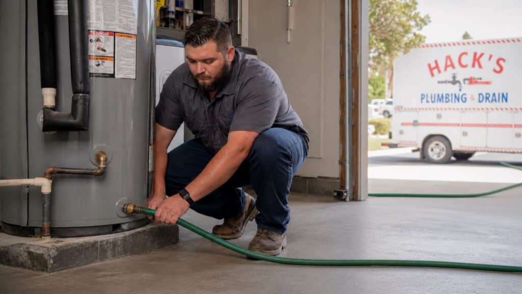 A garden hose connected to the drain valve at the base of a tall residential water heater in an attached garage, with cloudy water running from the hose