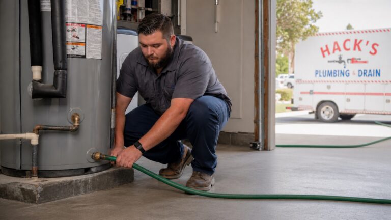 A garden hose connected to the drain valve at the base of a tall residential water heater in an attached garage, with cloudy water running from the hose