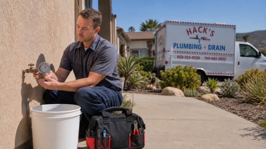 An outdoor brass hose bib on a beige stucco wall running at full flow into a five gallon bucket on a concrete path