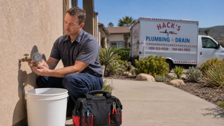An outdoor brass hose bib on a beige stucco wall running at full flow into a five gallon bucket on a concrete path