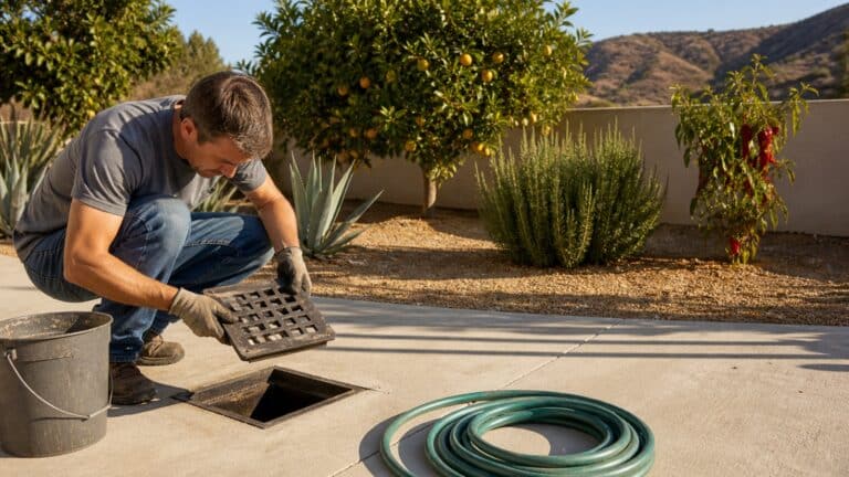 Homeowner lifting an area drain grate in a dry side yard to start rainy season plumbing prep
